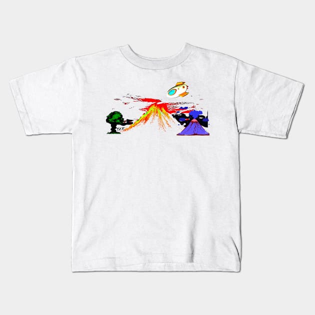 Volcano, Spaceship, and a Tree Kids T-Shirt by Just Joe